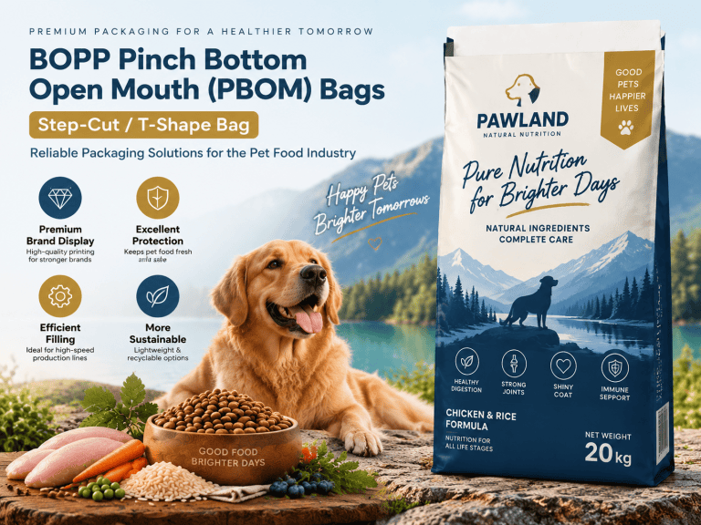 BOPP PBOM Bags, Pet Food Packaging, Dog Food Bags, Cat Food Packaging, Step Cut Bags, T Shape Bags, Laminated Polypropylene Bags, Premium Pet Nutrition Packaging, Sustainable Pet Food Packaging.